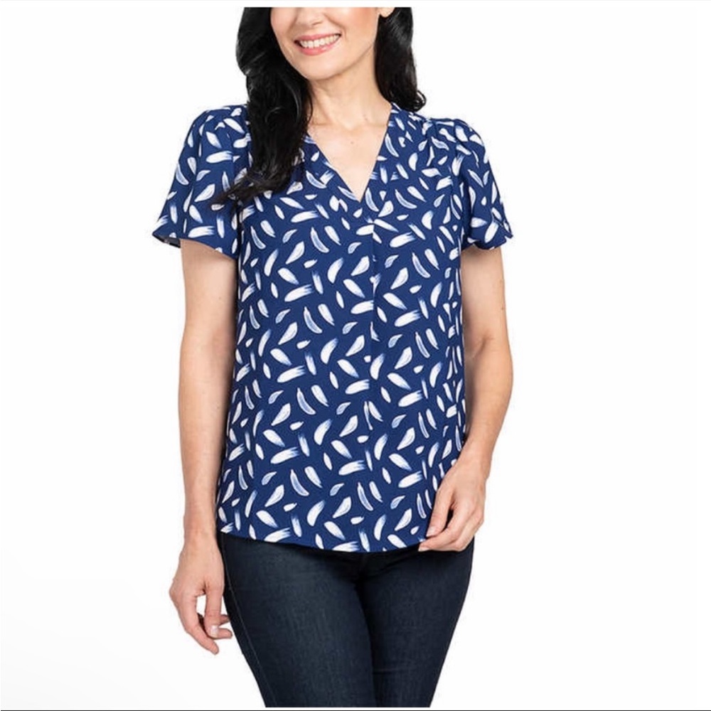 Hilary Radley Womens V-Neck Printed Blouse Size: XXL, Blue Indigo & Off-White